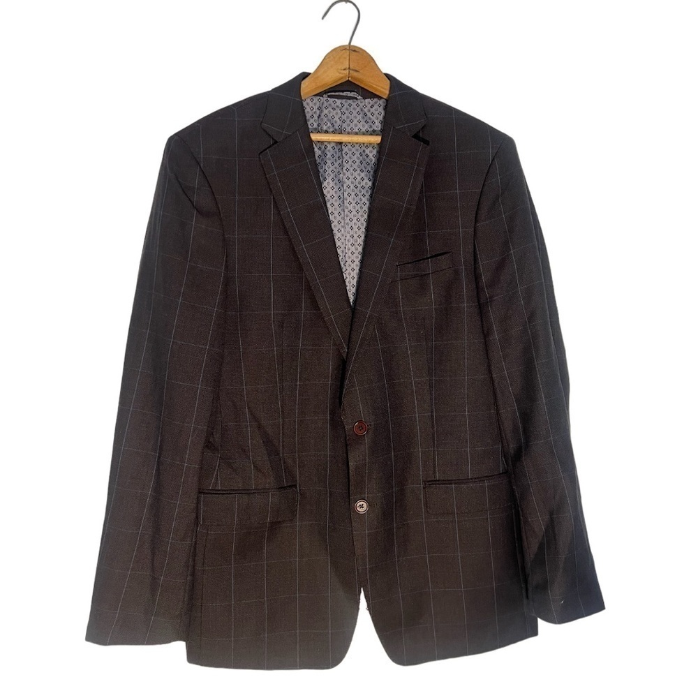 Tallia 100% Wool Grey‎ Windowpane Sports Coat Blazer Separate Jacket Size 44L